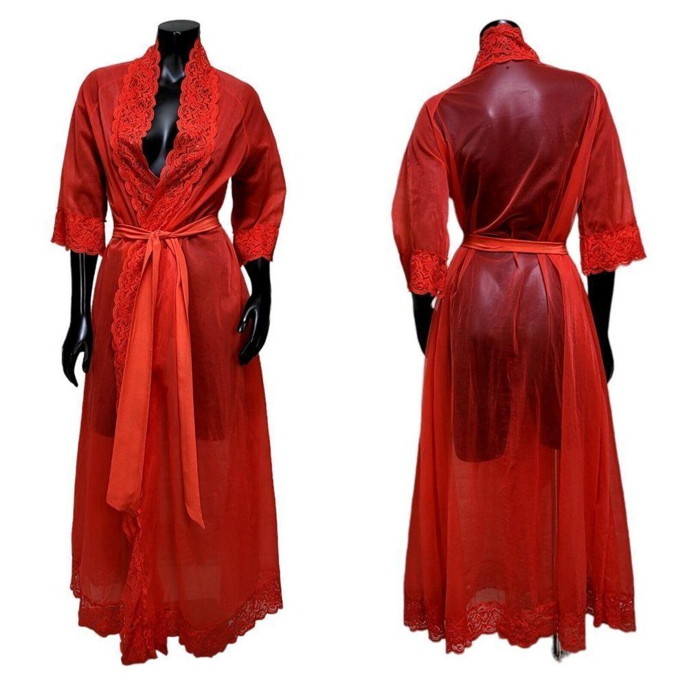 Vintage Red Sheer Lace Trim Maxi Robe Tie Waist Peignoir Pinup USA Boudoir